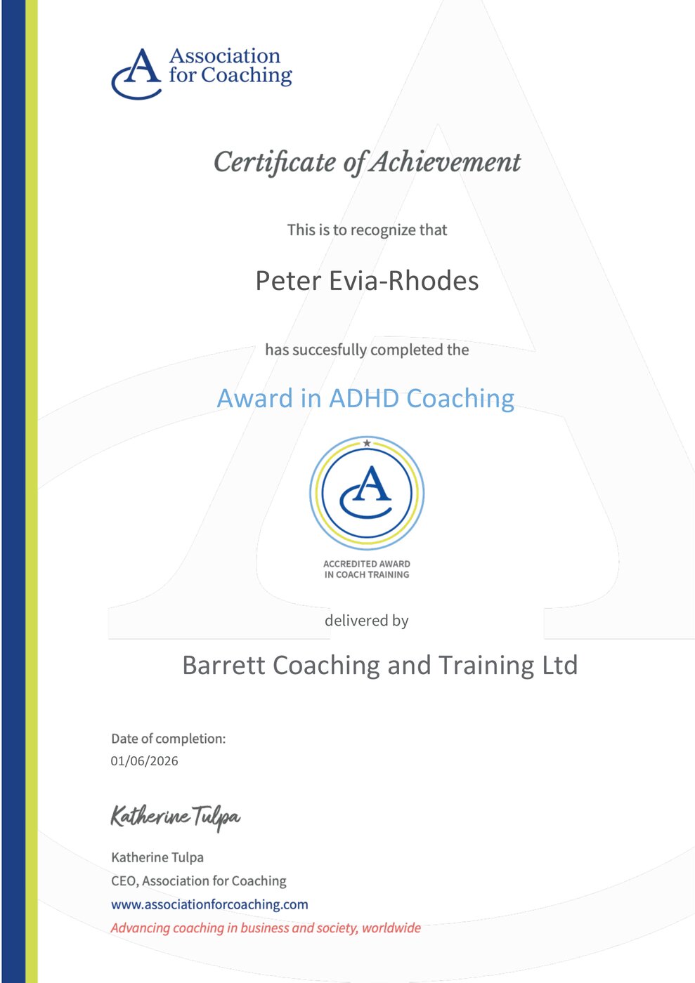 Award in ADHD Coaching certificate, awarded to Pete Evia-Rhodes by Association for Coaching