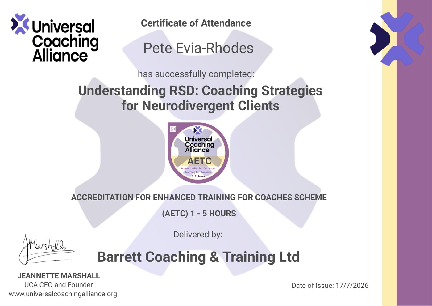 Understanding RSD: Coaching Strategies for Neurodivergent Clients certificate, awarded to Pete Evia-Rhodes by Universal Coaching Alliance